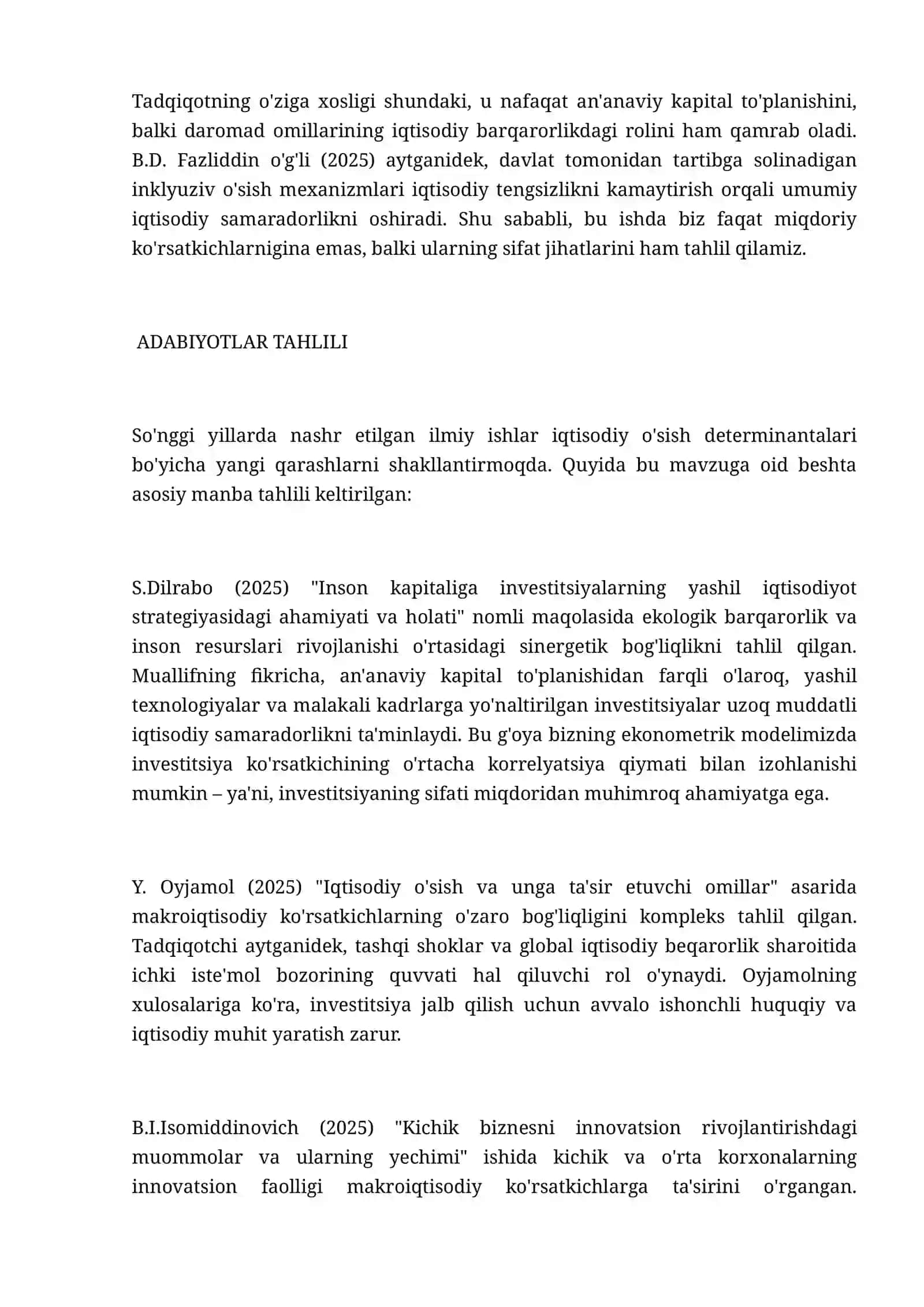 IQTISODIY O‘SISHGA INVESTITSIYA VA DAROMAD OMILLARINING TA’SIRI: EKONOMETRIK TAHLIL 2