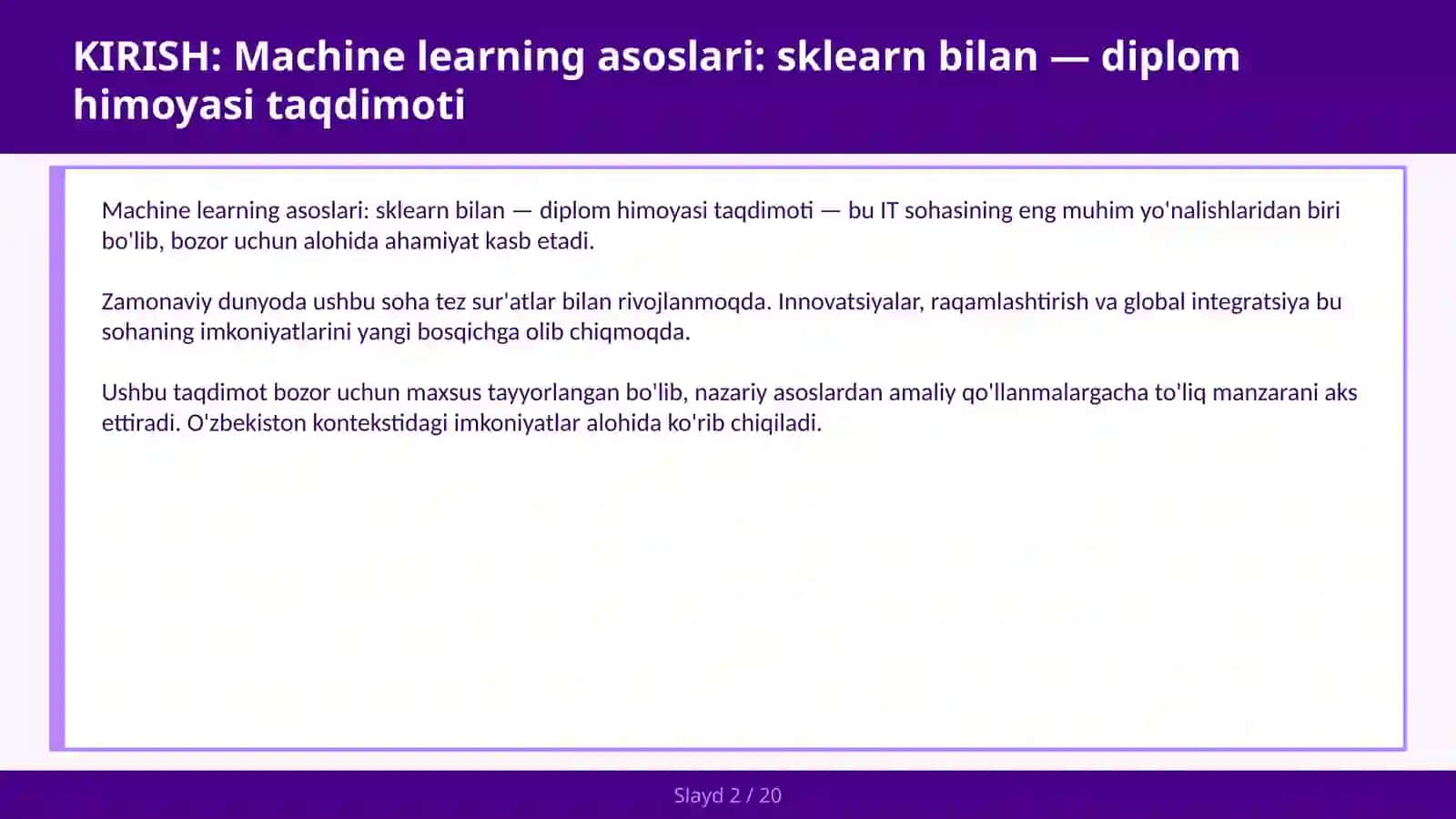 Machine learning asoslari: sklearn bilan — diplom himoyasi taqdimoti 2