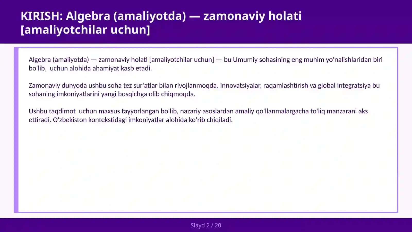 Algebra (amaliyotda) — zamonaviy holati [amaliyotchilar uchun] 2