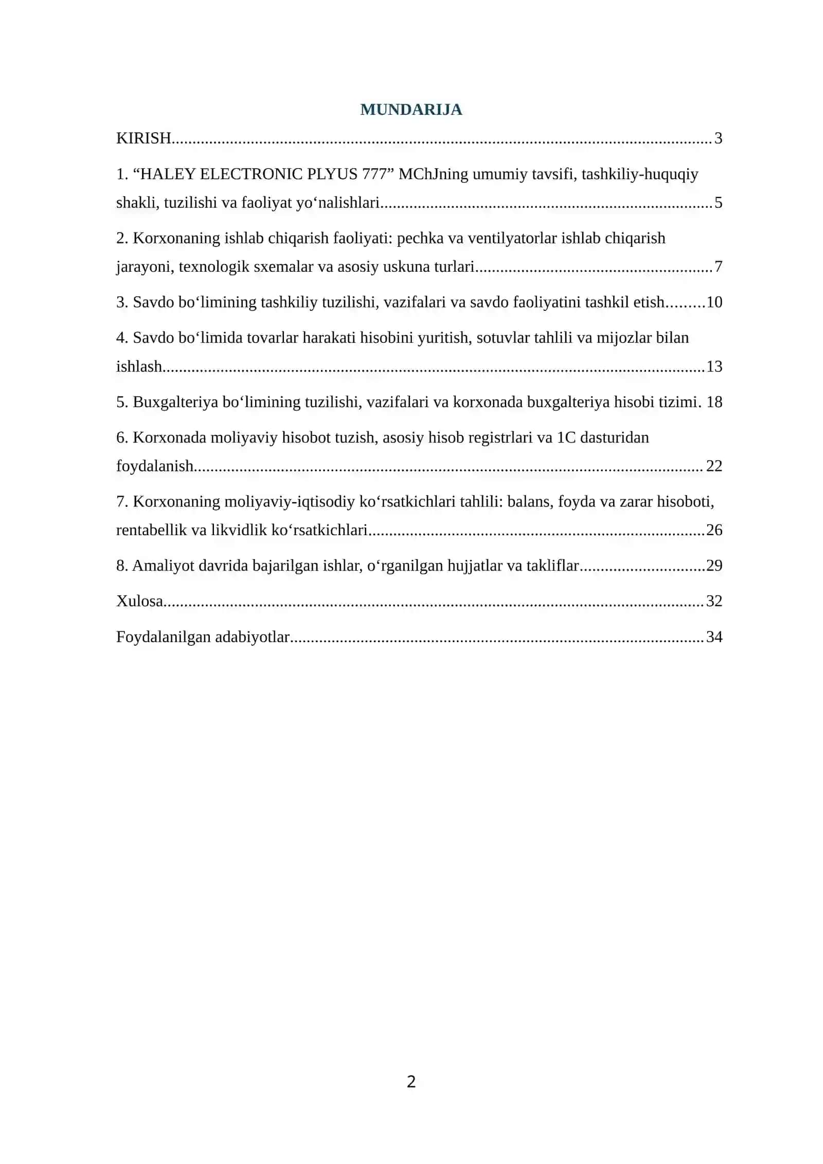 Maishiy texnika ishlab chiqarish mchjda oʻtagan BITIRUV MALAKAVIY AMALIYOT HISOBOTI 2