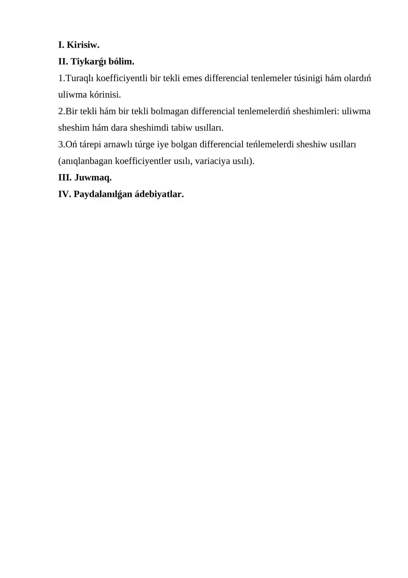 Oń tárepi dara túrde bolgan turaqlı koefficiyentli bir tekli emes differencial tenlemeler 2