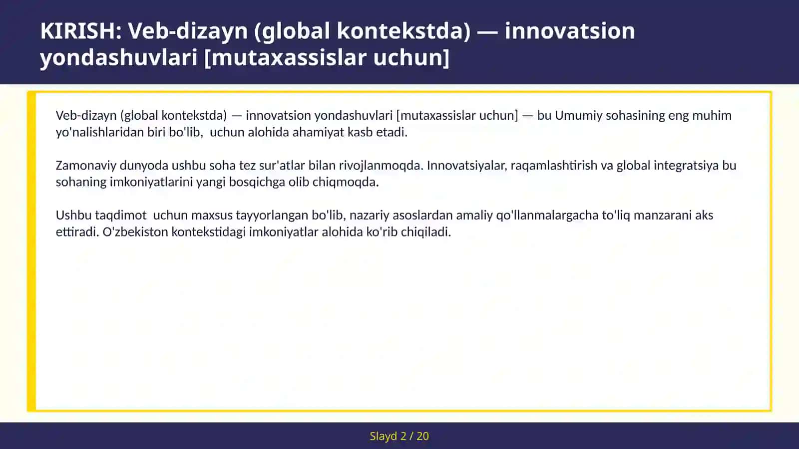 VEB-DIZAYN (GLOBAL KONTEKSTDA) — INNOVATSION YONDASHUVLARI [MUTAXASSISLAR UCHUN] 2