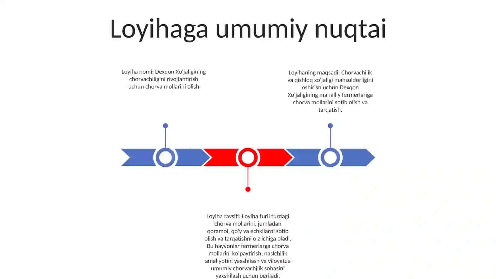 Dexqon Xo’Jaligining Chorvachilik Rivojlantirish Maqsadida Chorva Mollari Sotib Olish Uchun Tuzgan Loyihaga umumiy nuqtai 2