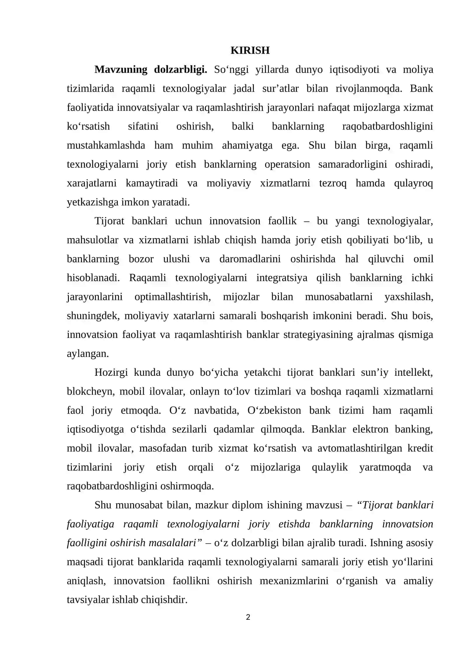 Tijorat banklari faoliyatiga raqamli texnologiyalarni joriy etishda banklarning innovatsion faolligini oshirish masalalari 2