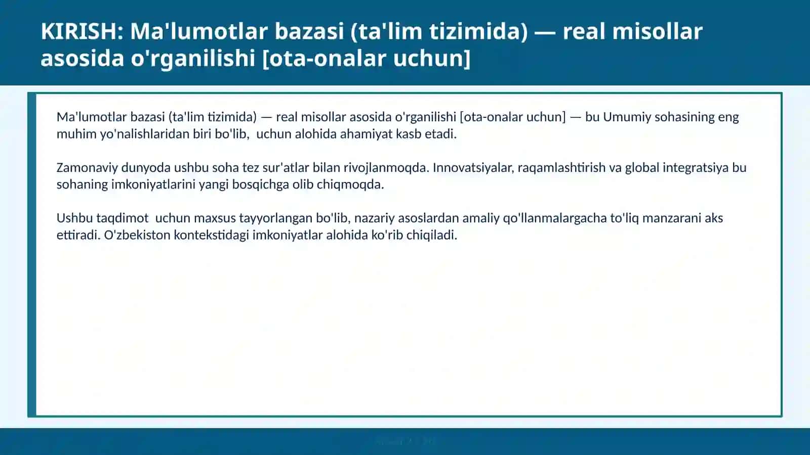Ma'lumotlar bazasi (ta'lim tizimida) — real misollar asosida o'rganilishi [ota-onalar uchun] 2
