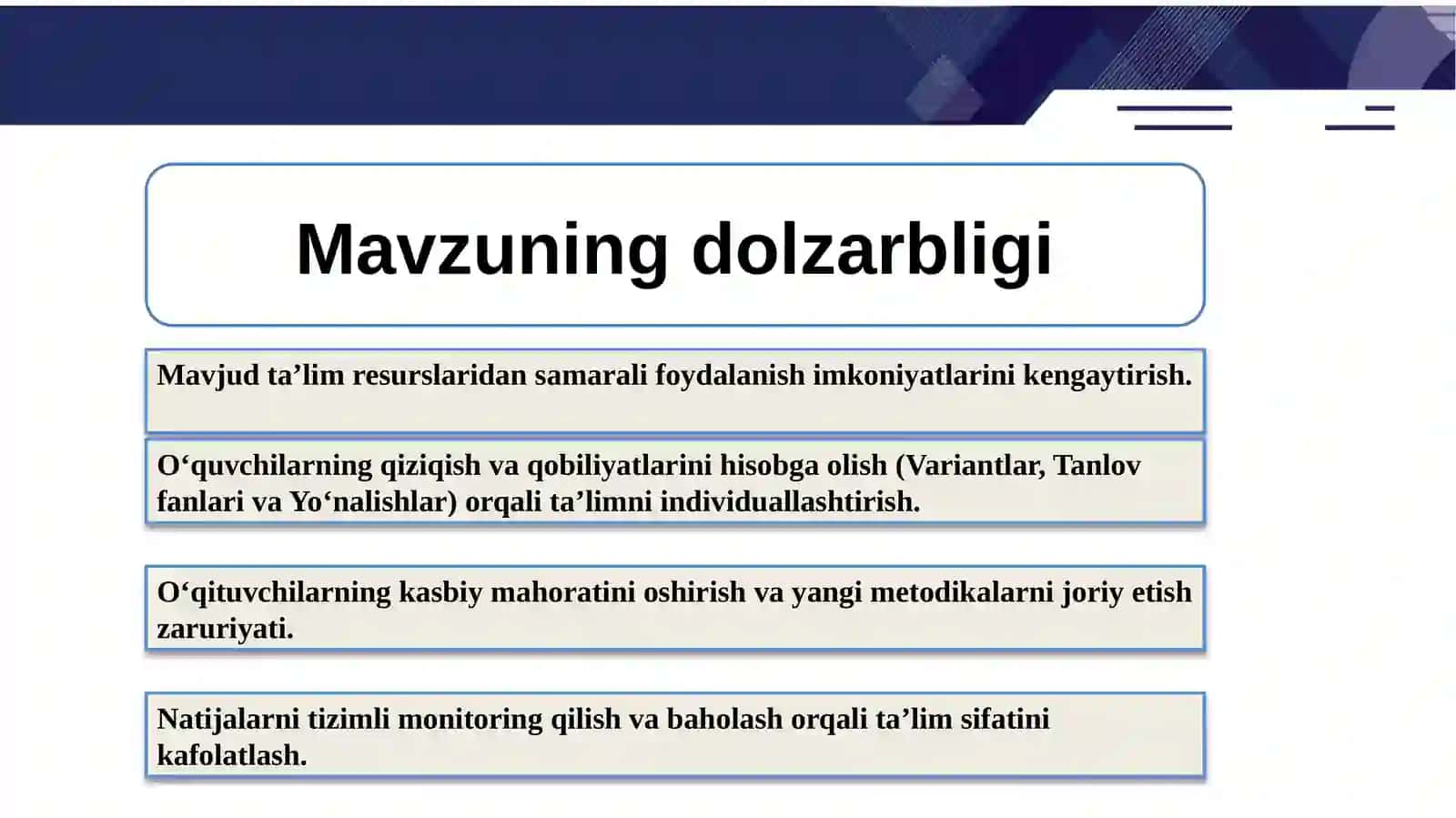 Variantiv o'quv rejalarini joriy etish va ularning natijadorligini ta'minlash 2