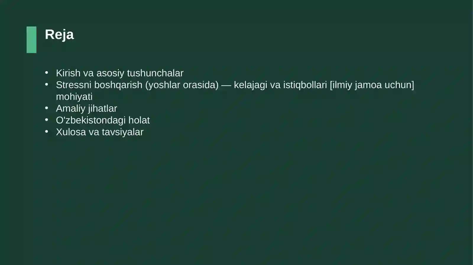 Stressni boshqarish (yoshlar orasida) — kelajagi va istiqbollari [ilmiy jamoa uchun] 2