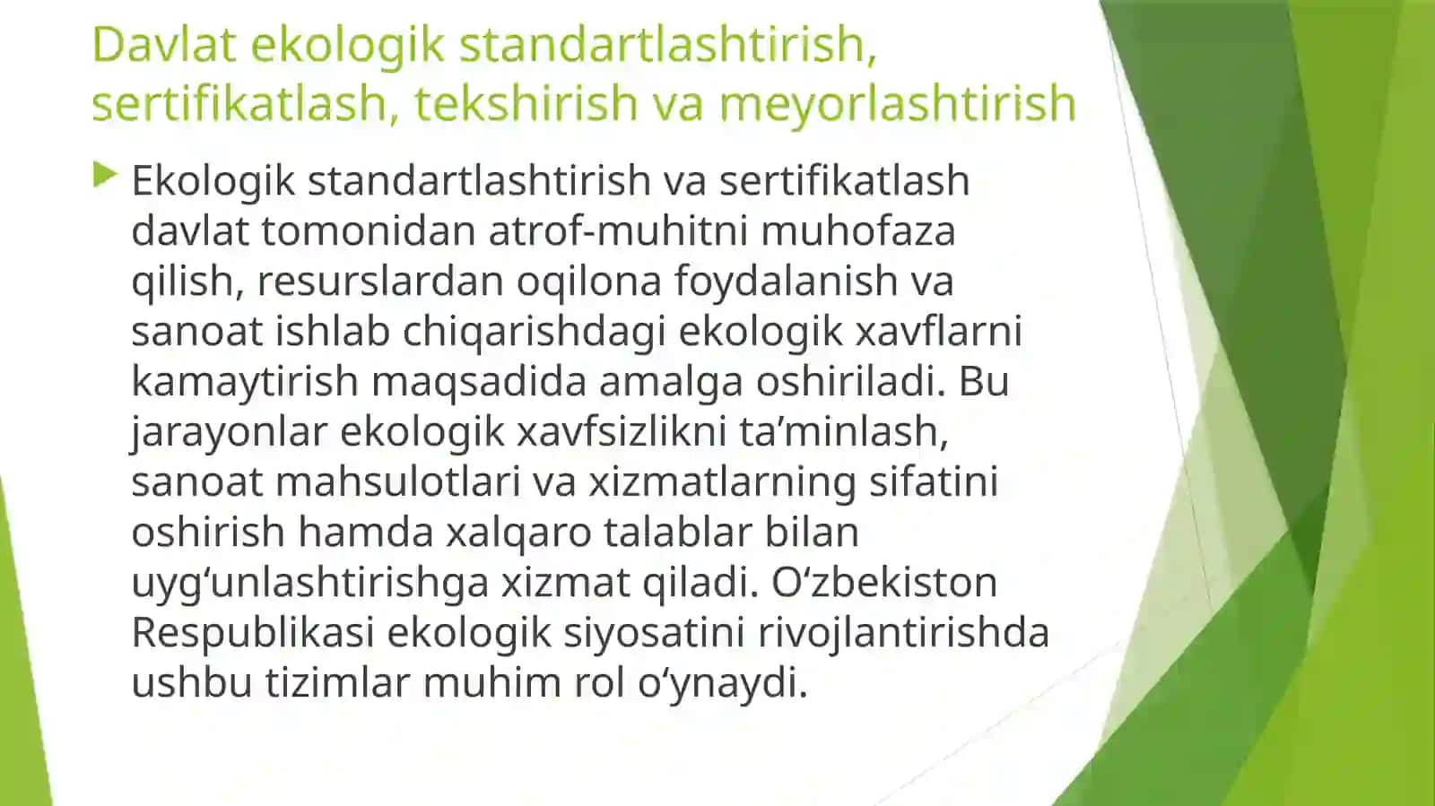 DAVLAT EKALOGIK STANDARTLASHTIRISH SERFIKATLASH TIRISH VAMEYORLASHTIRISH 2
