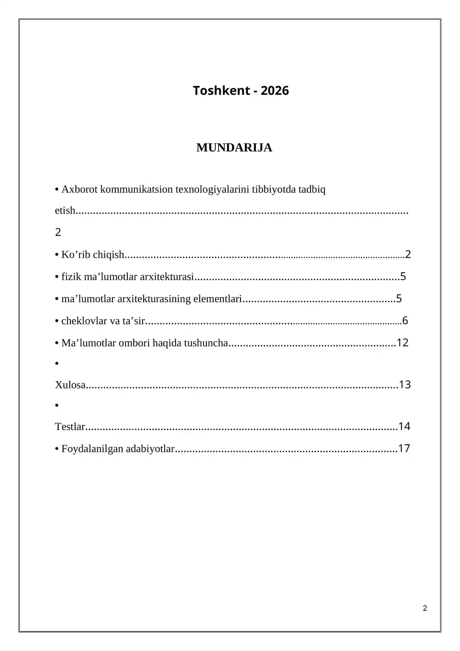 Axborot kommunikatsion texnologiyalarini ta’lim sohasi, ishlab chiqarish va tibbiyotda tadbiq etish 2