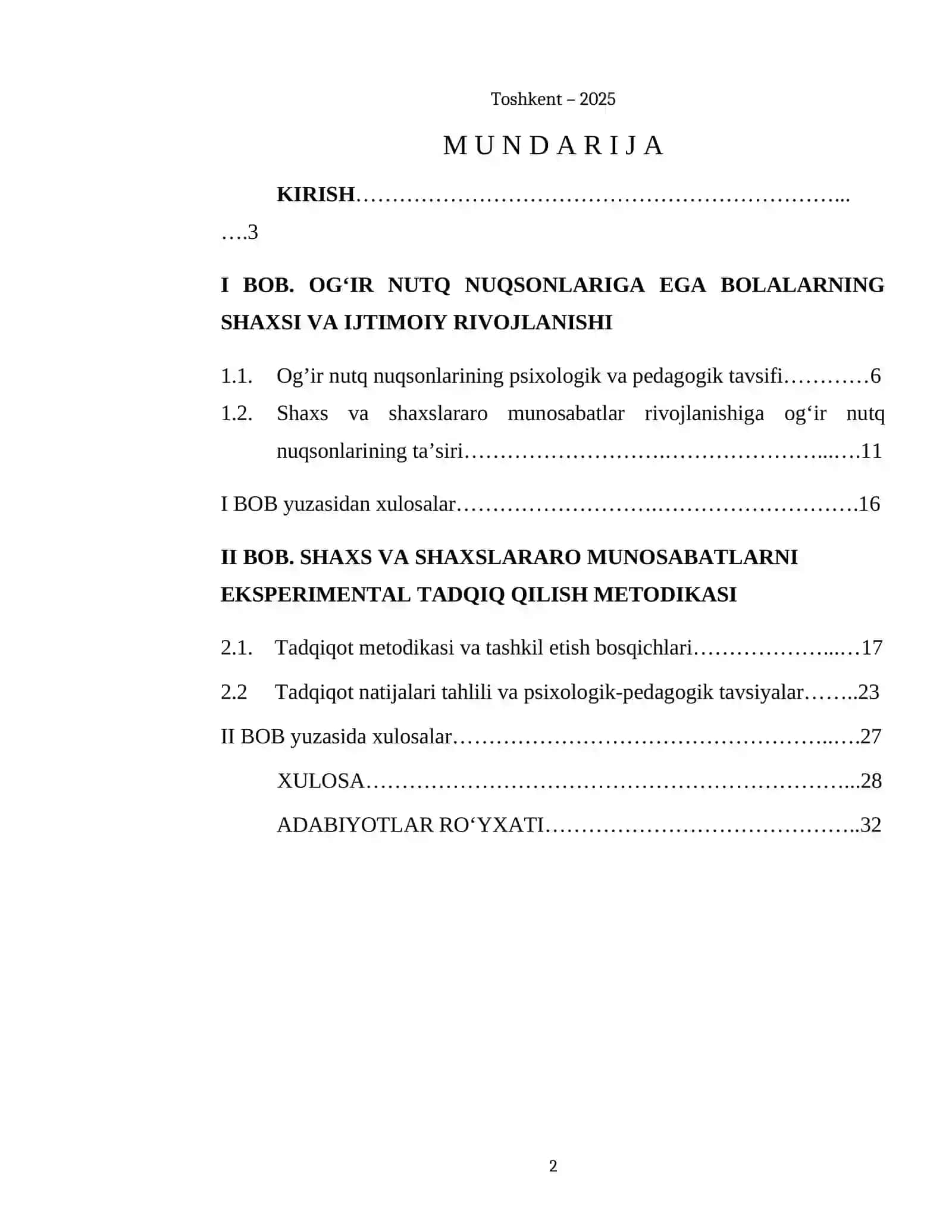 «Ogʻir nutq nuqsonlarida shaxs va shaxslararo munosabatni eksperimental tekshirish metodikasi » mavzusida KURS ISHI 2