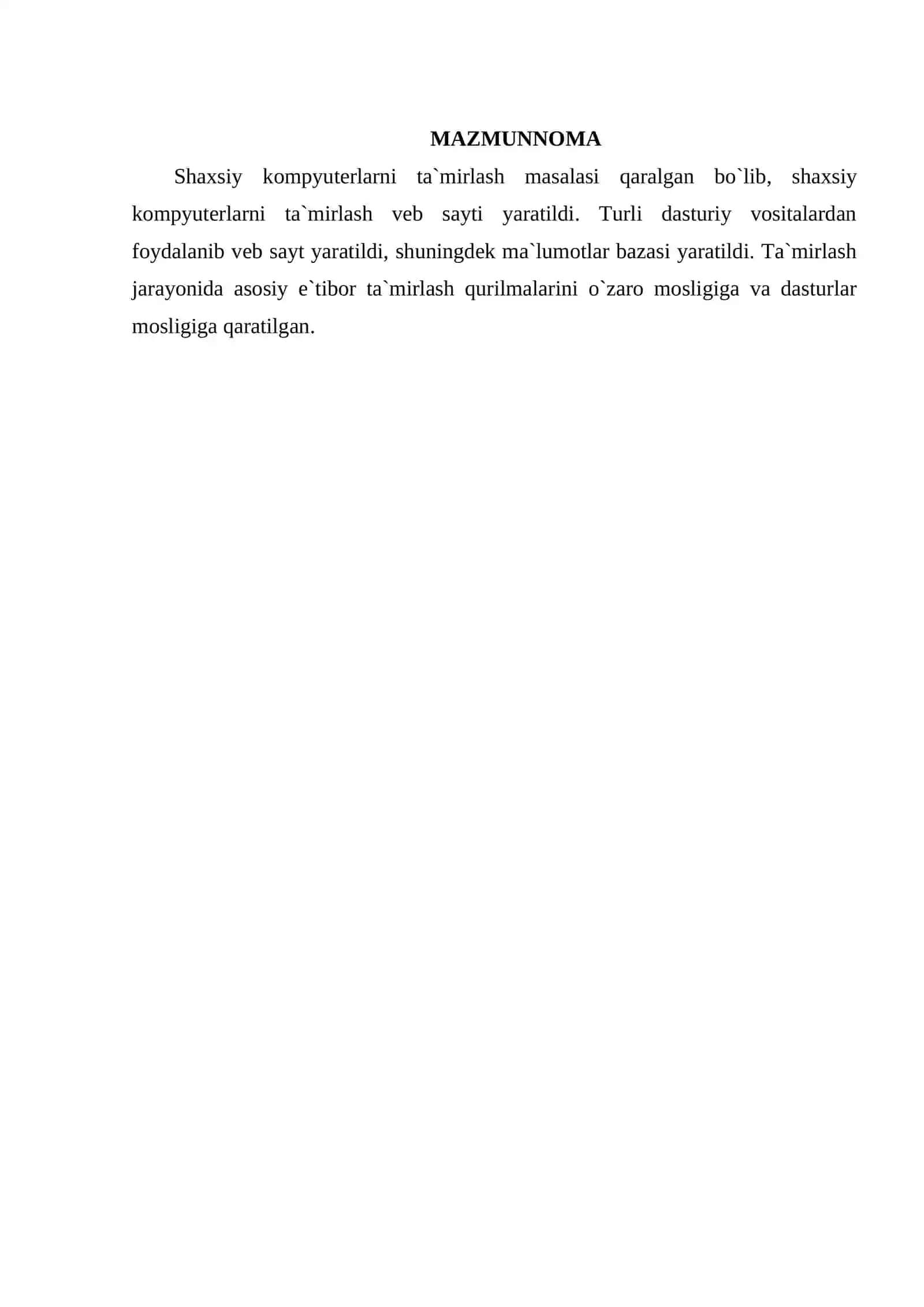 Kompyuterlarni ta`mirlash xizmatini ko`rsatish veb saytini yaratish 2