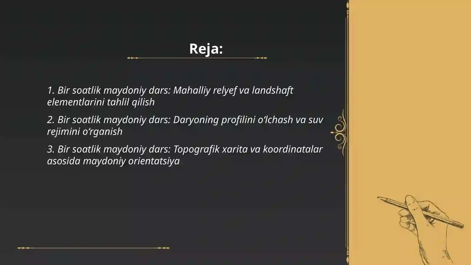 Bir soatlik maydoniy dars: Mahalliy relyef va landshaft elementlarini tahlil qilish 2