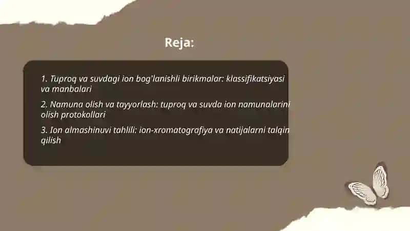 Tuproq va suvning ifloslanishida ion bog`lanishli birikmalarni aniqlab ulardan tozalash usulini ishlab chiqish 2