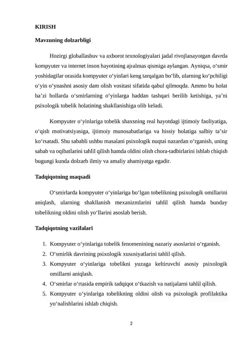 OʻSMIRLARDA KOMPYUTER OʻYINLARIGA BOʻLGAN TOBELIKNING PSIXOLOGIK OMILLARI 2