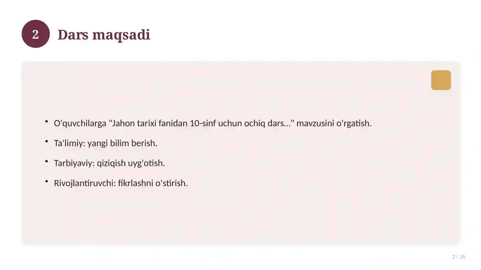 Jahon tarixi fanidan 10-sinf uchun ochiq dars ishlanmasi 2