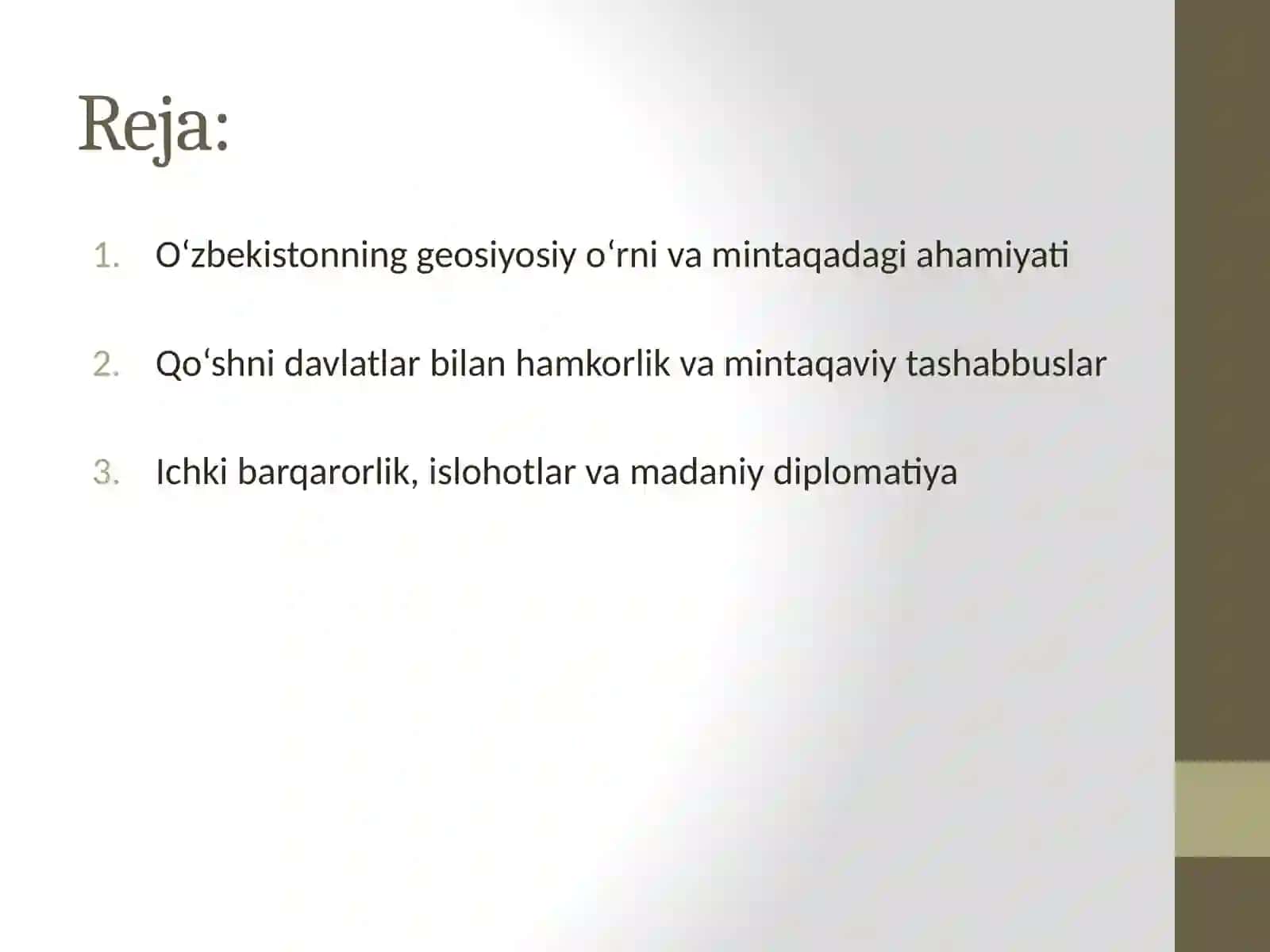 O‘zbekistonning Markaziy Osiyodatinchlik va barqarorlik ni ta’minlashdagi o‘rni 2