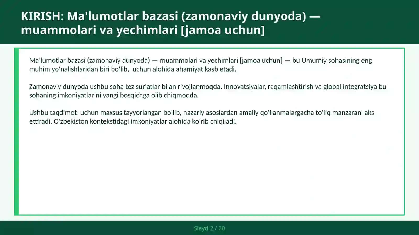 MA'LUMOTLAR BAZASI (ZAMONAVIY DUNYODA) — MUAMMOLARI VA YECHIMLARI [JAMOA UCHUN] 2