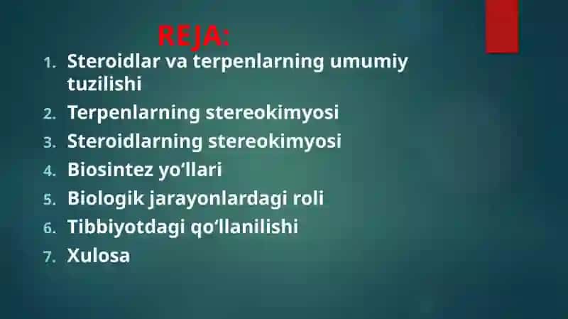 Steroidlar va terpenlarning stereokimyosi hamda ular ishtirokidagi muhim biologic jarayonlar 2