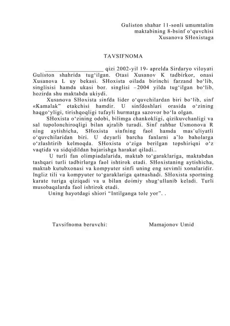 Tavsiyanoma va tafsifnoma namunasi maktab 2