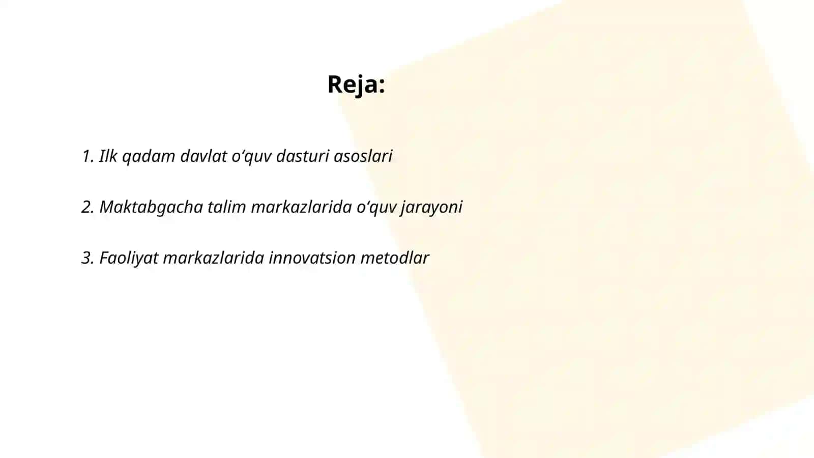 Ilk qadam davlat oʻquv dasturi asosida maktabgacha talim tashkilotlarida faolyat markazlarida talim jarayonlarini tashkil qilish 2