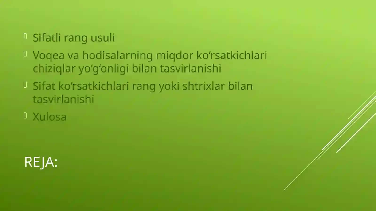 VOqea va hodisalarning miqdor ko‘rsatkichlari chiziqlar yo‘g‘onligi bilan, sifat ko‘rsatkichlari esa rang yoki shtrixlar bilan tasvirlanishida chiziqli belgilar usulining ahamiyati 2
