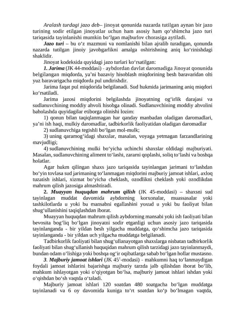 Jinoiy jazo tushunchasi va tizimi. Jazo tayinlash 2