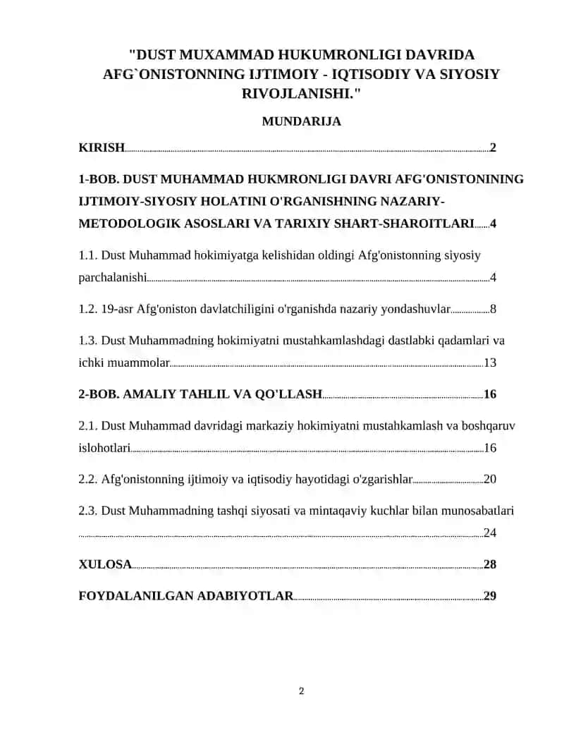 DUST MUXAMMAD HUKUMRONLIGI DAVRIDA AFG`ONISTONNING IJTIMOIY - IQTISODIY VA SIYOSIY RIVOJLANISHI 2