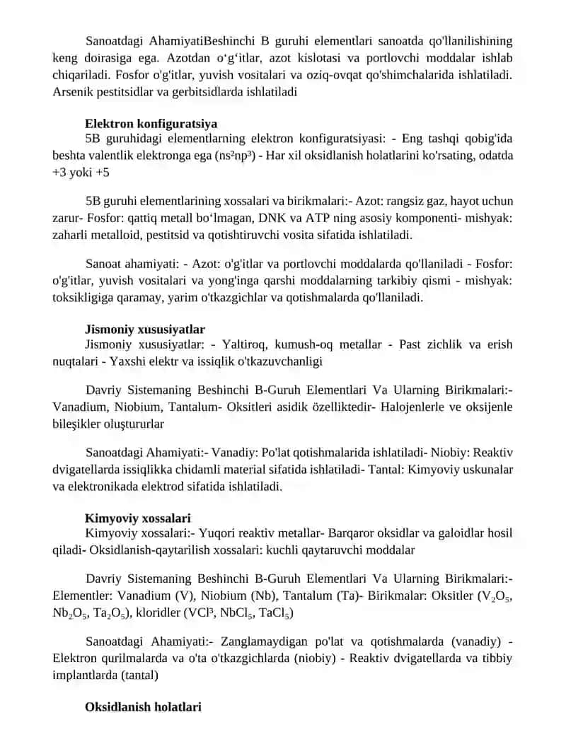 Davriy Sistemaning Beshinchi B-Guruh Elementlari Va Ularning Birikmalari. Sanoatdagi Ahamiyati. 2