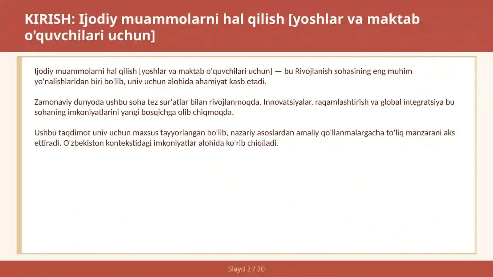 Ijodiy muammolarni hal qilish [yoshlar va maktab o'quvchilari uchun] 2