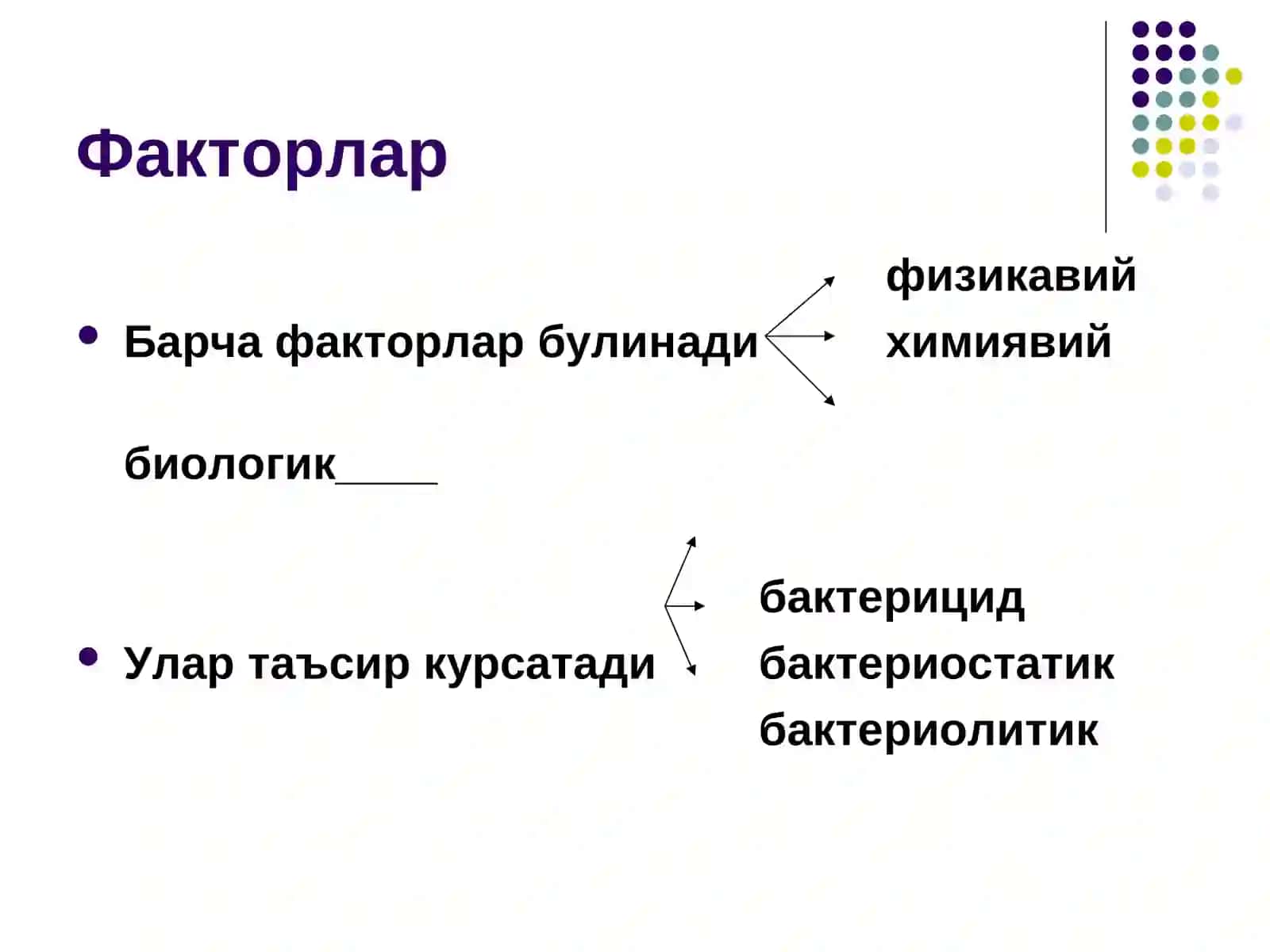 Маъруза №4 Ташки мухит факторларининг микроорганизмларга таъсири. Химиотерапевтик препаратлар ва антибиотиклар 2