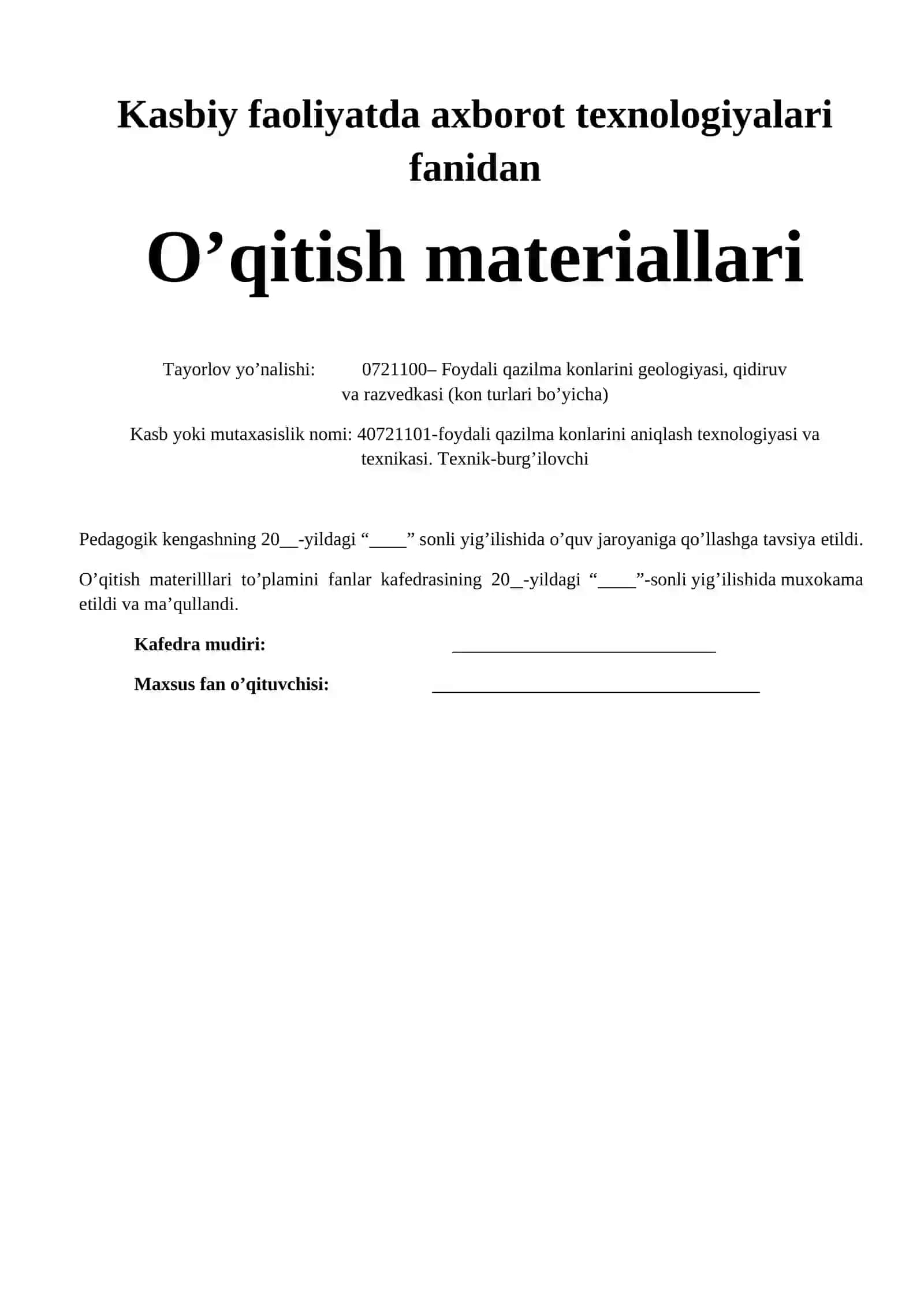 KASBIY FAOLIYATDA AXBOROT TEXNOLOGIYALARI fanidan o'qitish materiallari to'plami 2