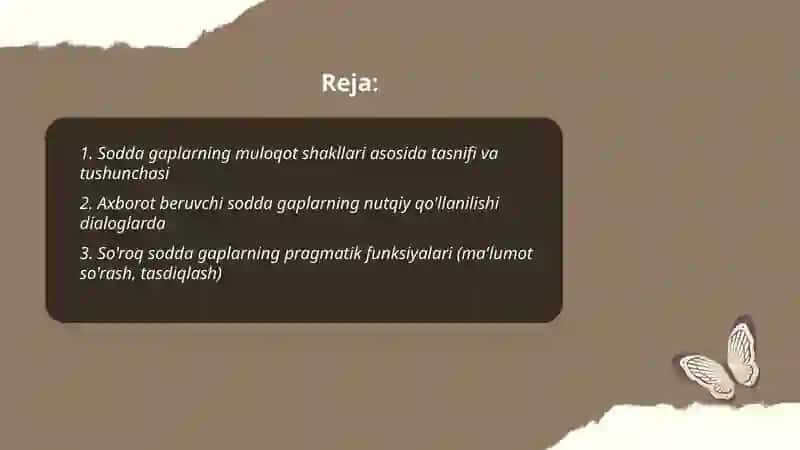 Sodda gaplarning nutqiy qo'llanishi va pragmatik xususiyatlari (mulloqot shakllari asosida) 2