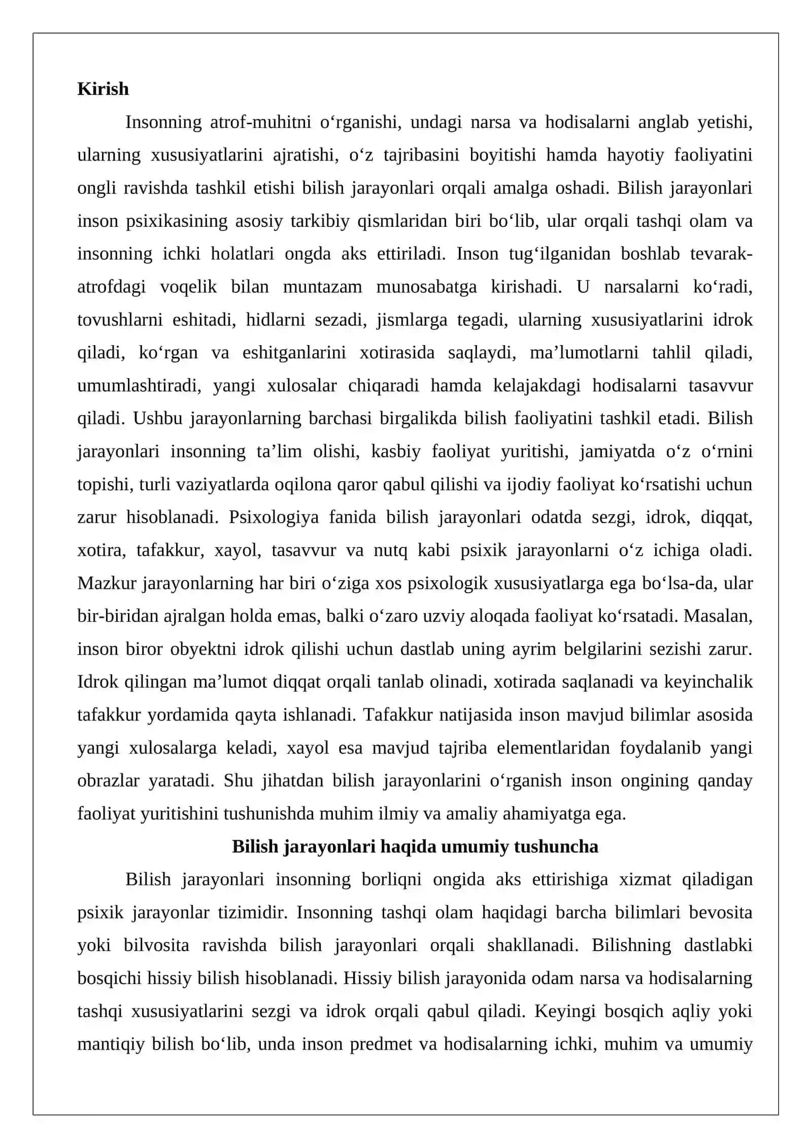 Bilish jarayonlarining qisqacha tasnifi. 2