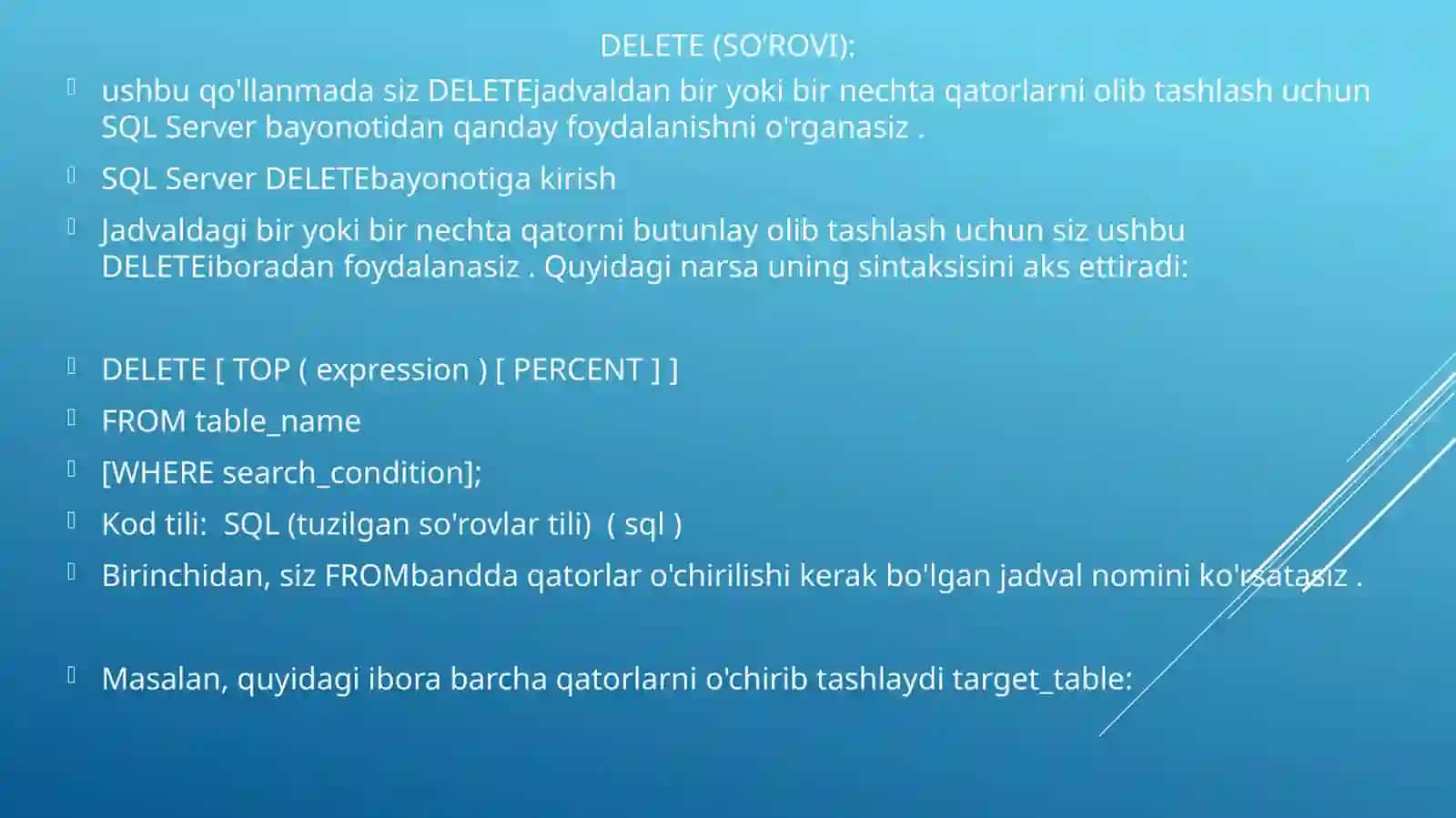 SQLserverda Update (yangilash), delete (o’chirish), so’rovlari va ularning vazifalari 2