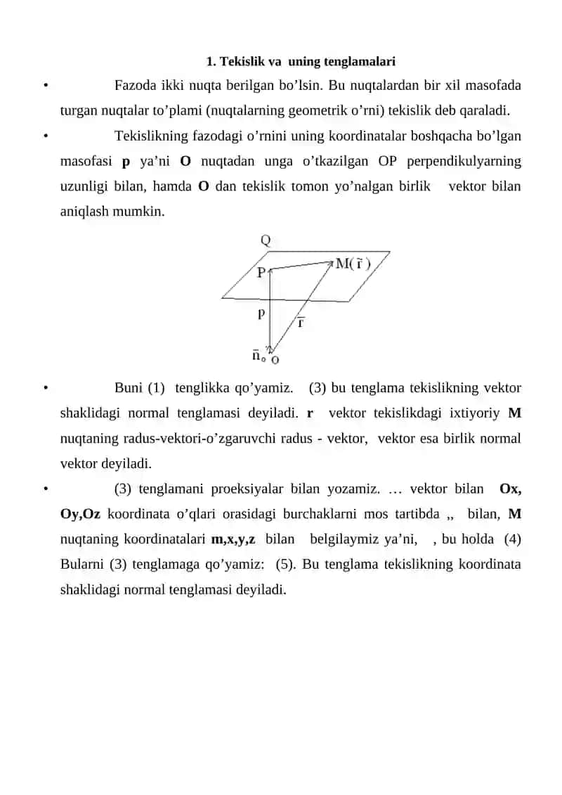 Fazoda to‘g‘ri chiziq tenglamalari. Fazoda to‘g‘ri chiziq va tekisliklarga doir asosiy masalalar 2