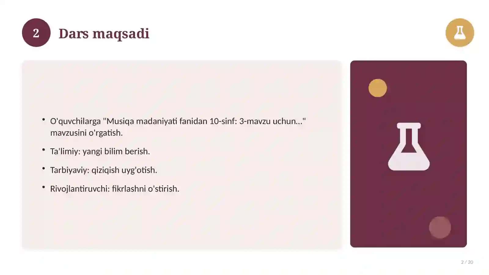 Musiqa madaniyati fanidan 10-sinf: 3-mavzu uchun batafsil dars ishlanmasi 2