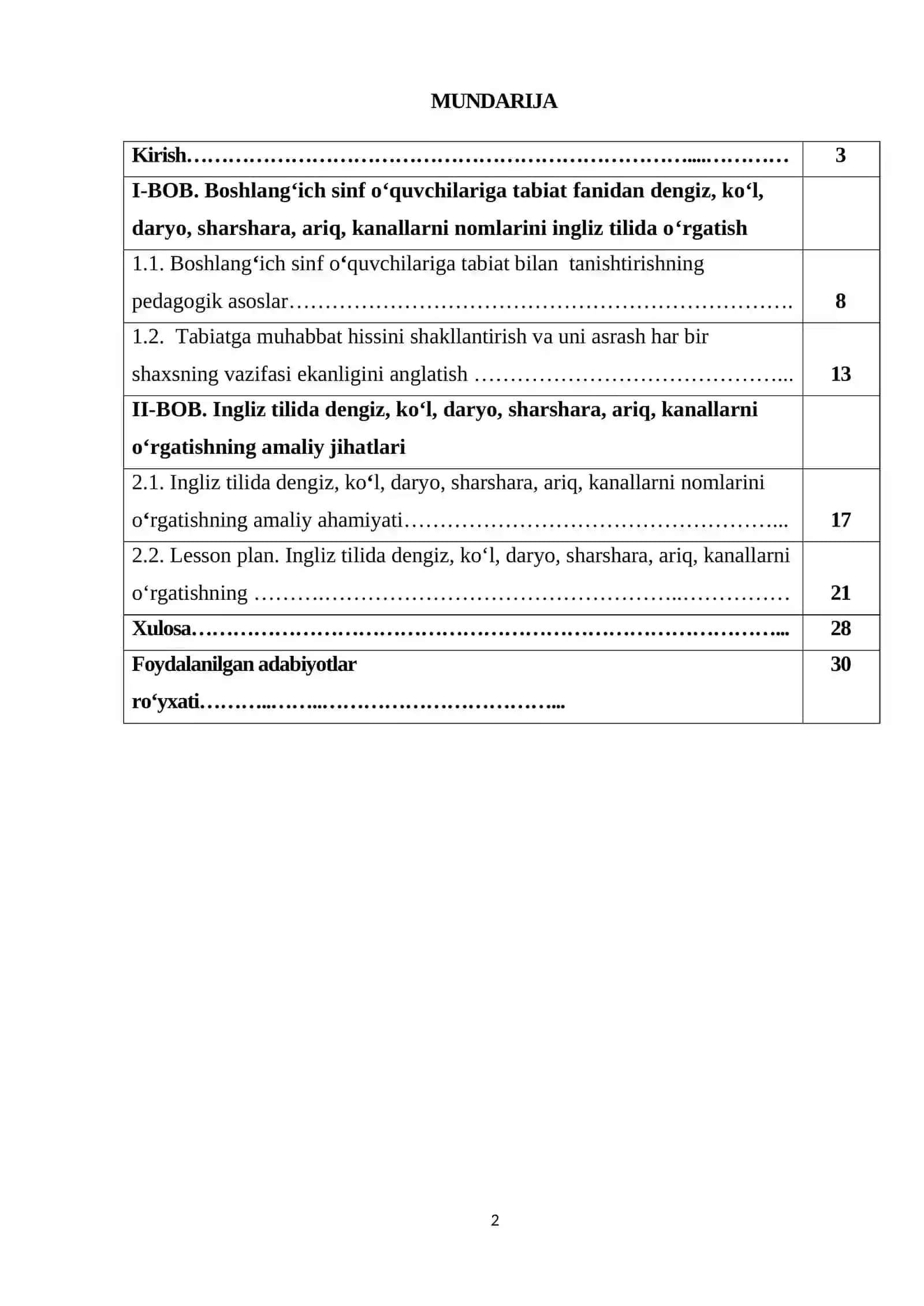 Ingiliz Tilida Dengiz, Ko'l, Daryo, Sharshara, Ariq Kanallarni O'rgatish Ishlanma-Loyihasi 2