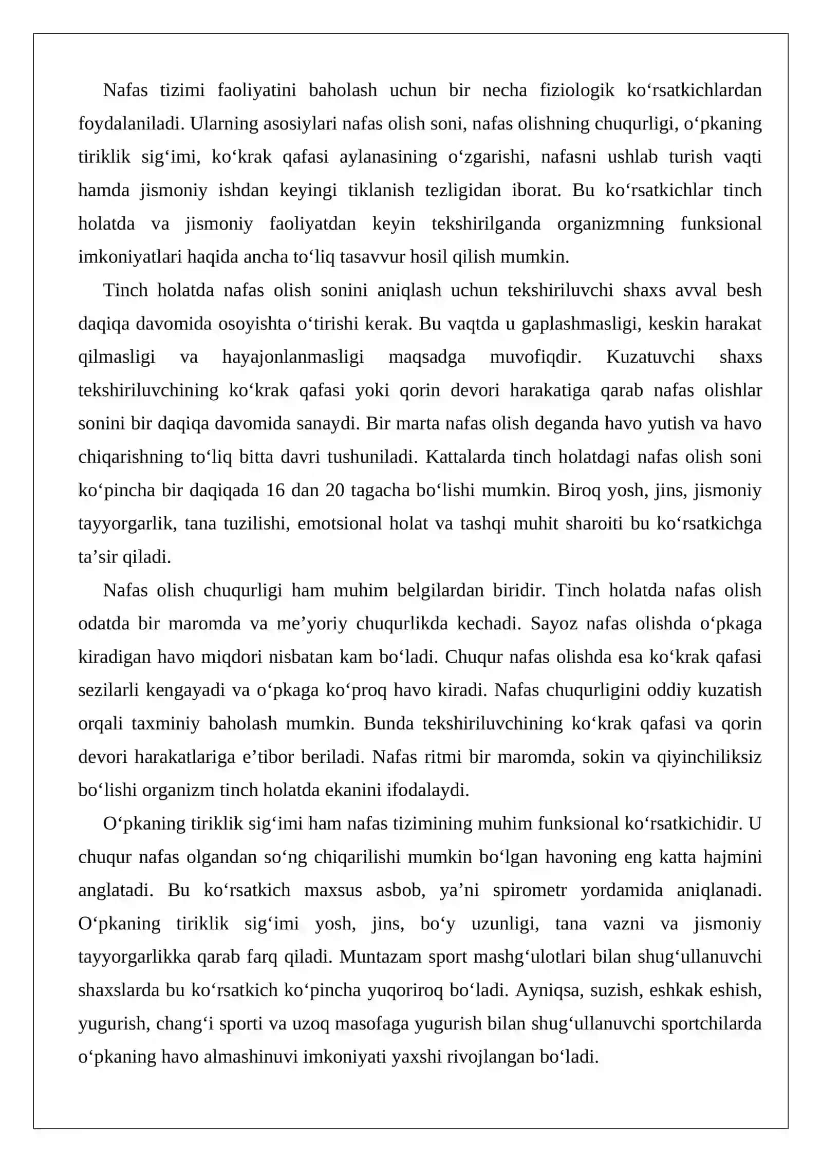Nafas tizimining ayrim ko‘rsatkichlarini tinch holatda va jismoniy ishdan so‘ng teksh 2