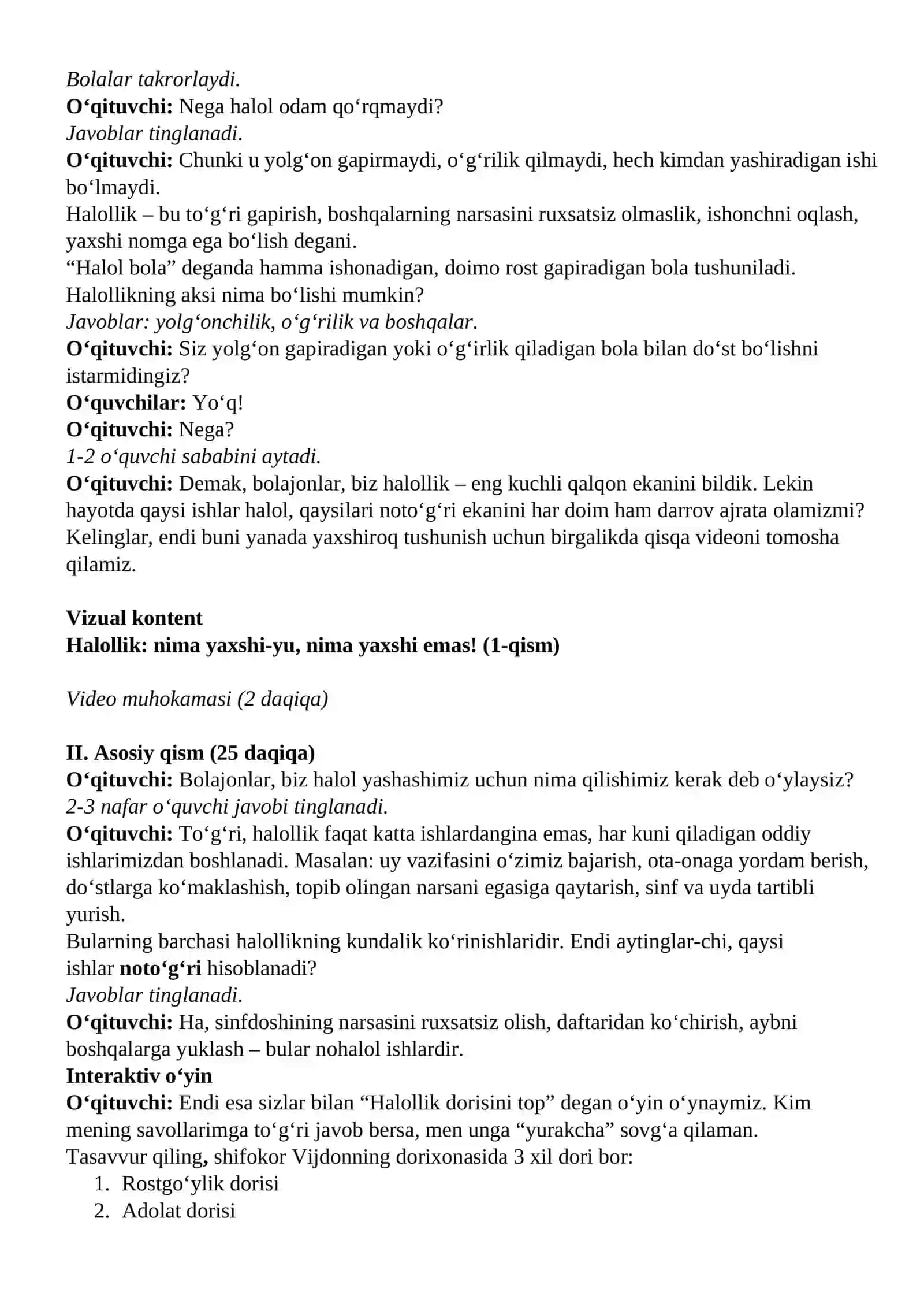 Kelajak soati darsining 1-4-sinflar uchun mashg‘ulot ssenariysi: 23-mavzu: Halollik vaksinasi 2