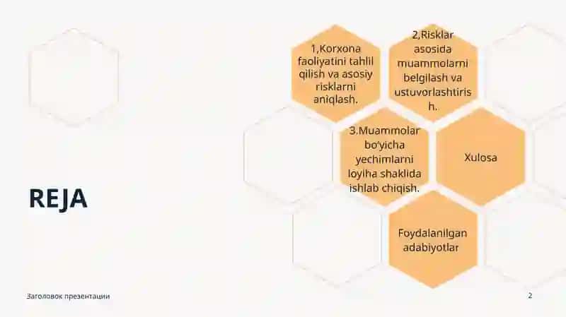 RISK MENEJMENT REJASI TUZISH, MUAMMONI ANIQLASH VA YECHIMLARNI LOYIHA SHAKLIDA ISHLAB CHIQISH 2