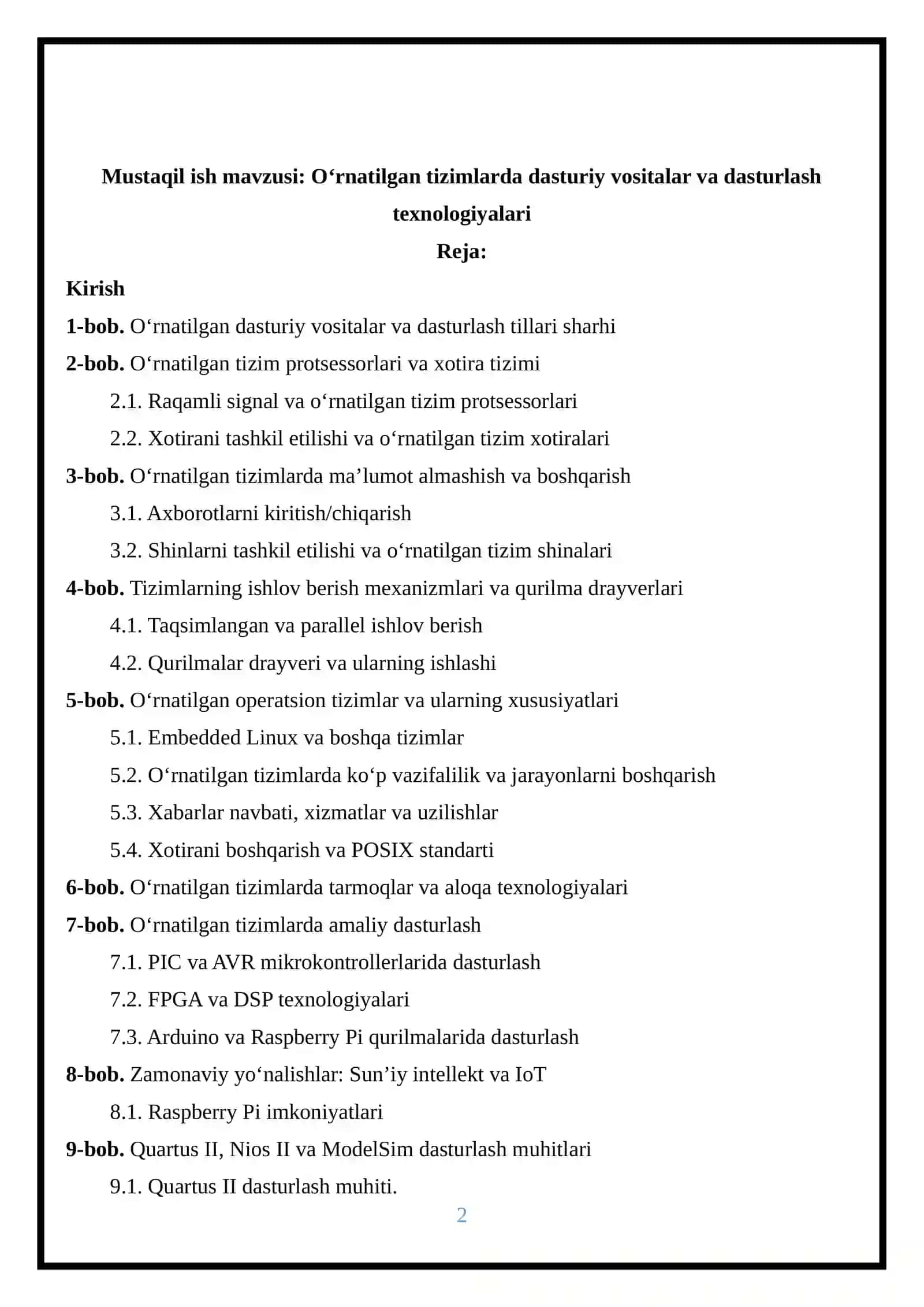 O‘rnatilgan tizimlarda dasturiy vositalar va dasturlash texnologiyalari 2