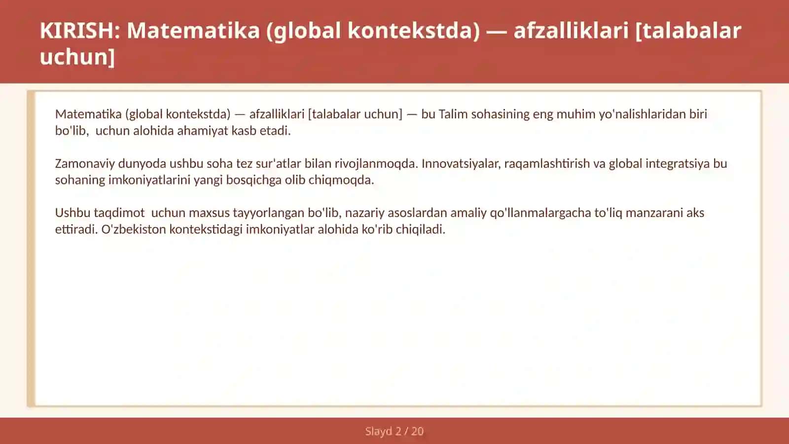 Matematika (global kontekstda) — afzalliklari [talabalar uchun] 2