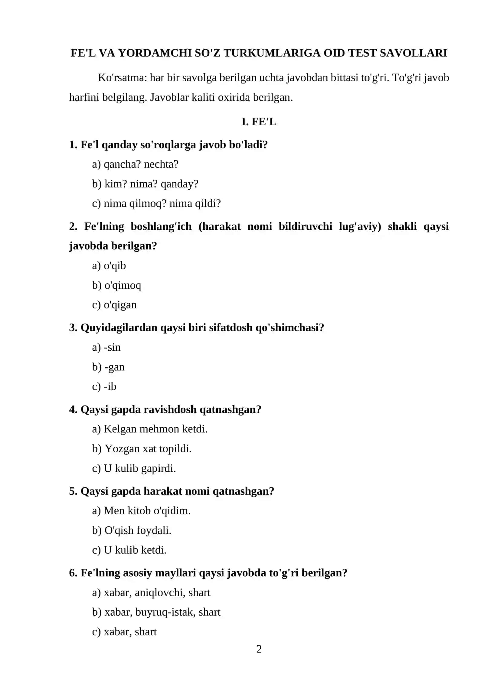 Fe'l va yordamchi so'z turkumlariga oid test savollari 2