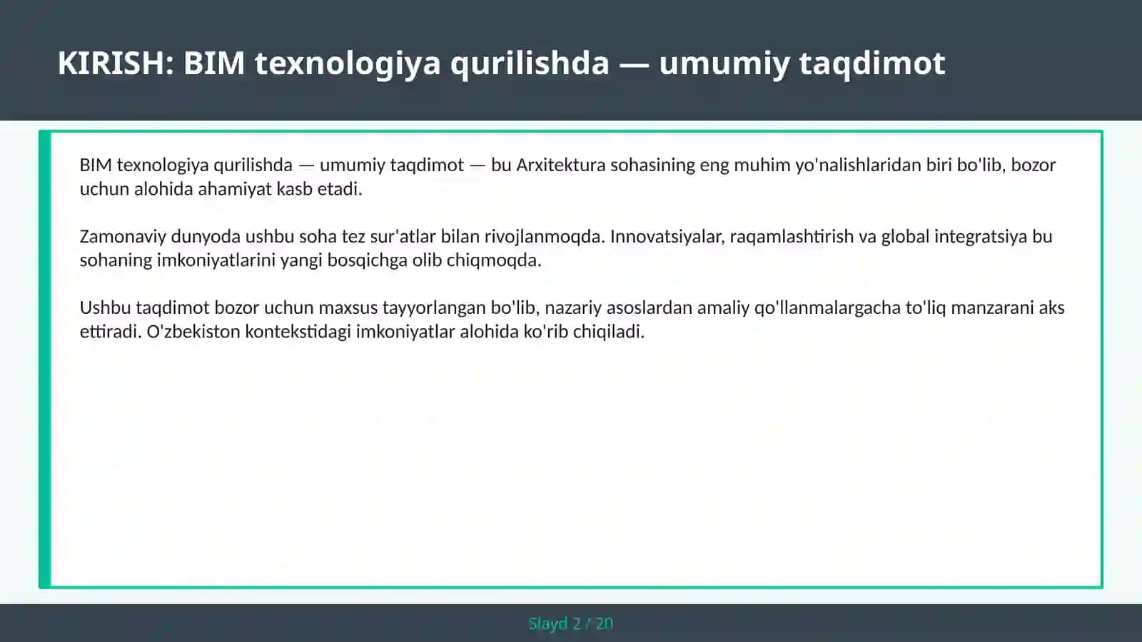 BIM texnologiya qurilishda — umumiy taqdimot 2