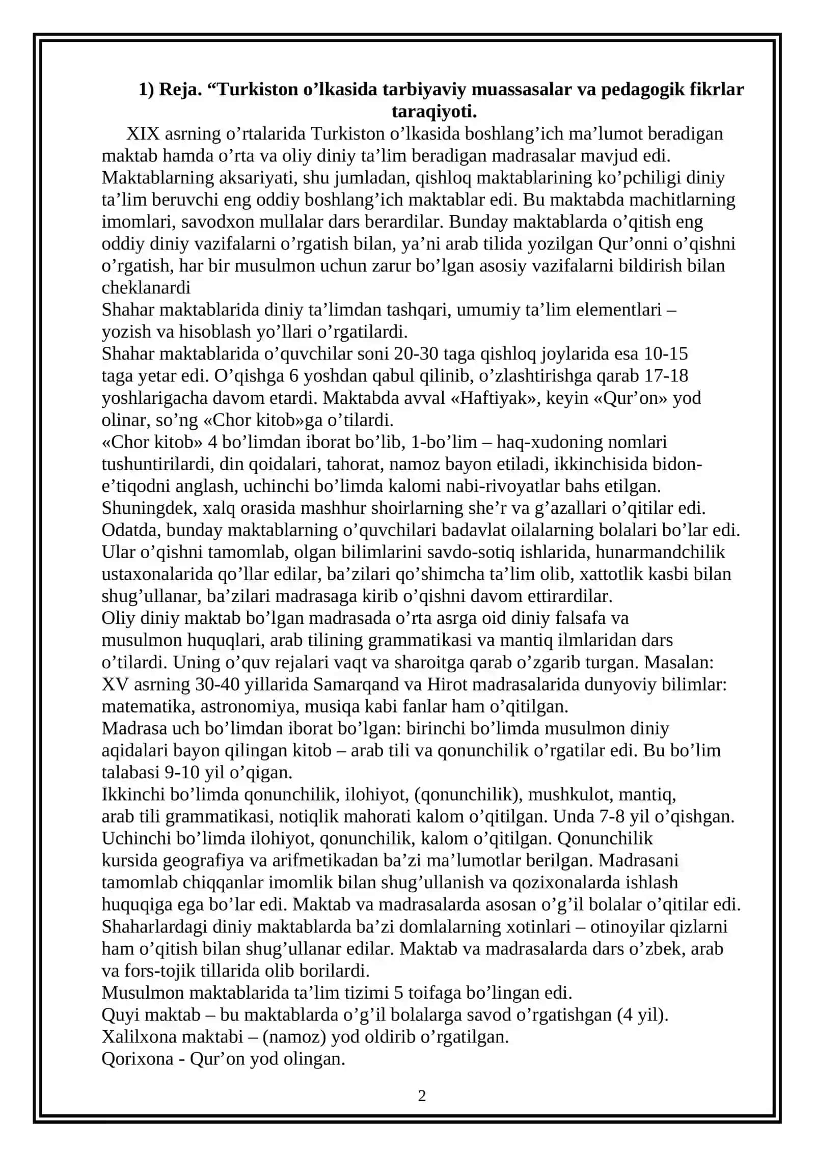 XIX asr ikkinchi yarmi XX asr boshlarida Turkiston o’lkasida maktab ta’lim-tarbiya va pedagogik fikrlar 2