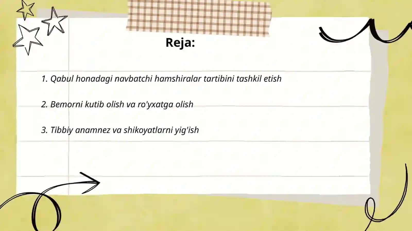 Qabul honadagi navbatchi hamshiralar tartibini tashkil etish 2