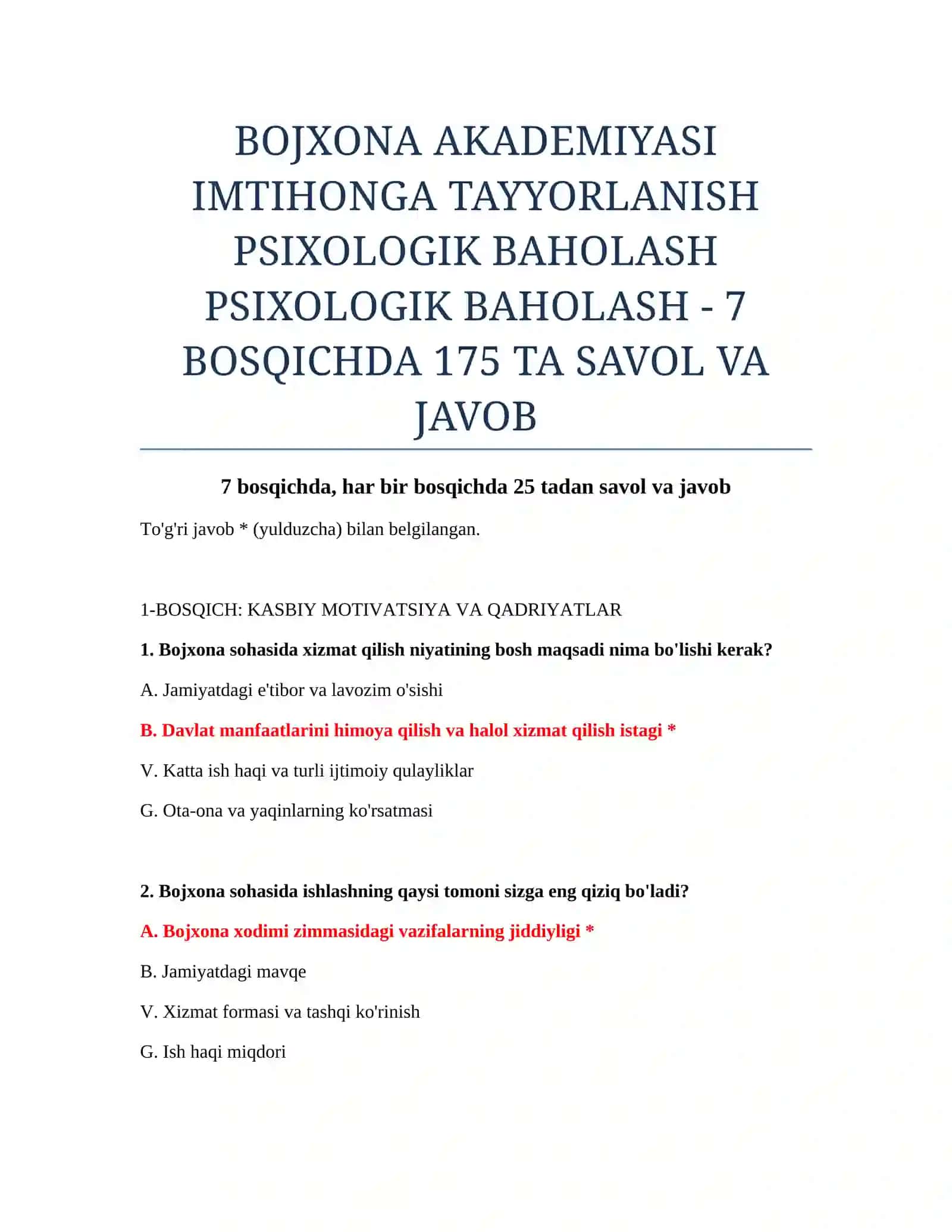 BOJXONA AKADEMIYASI IMTIHONGA TAYYORLANISH PSIXOLOGIK BAHOLASH 2