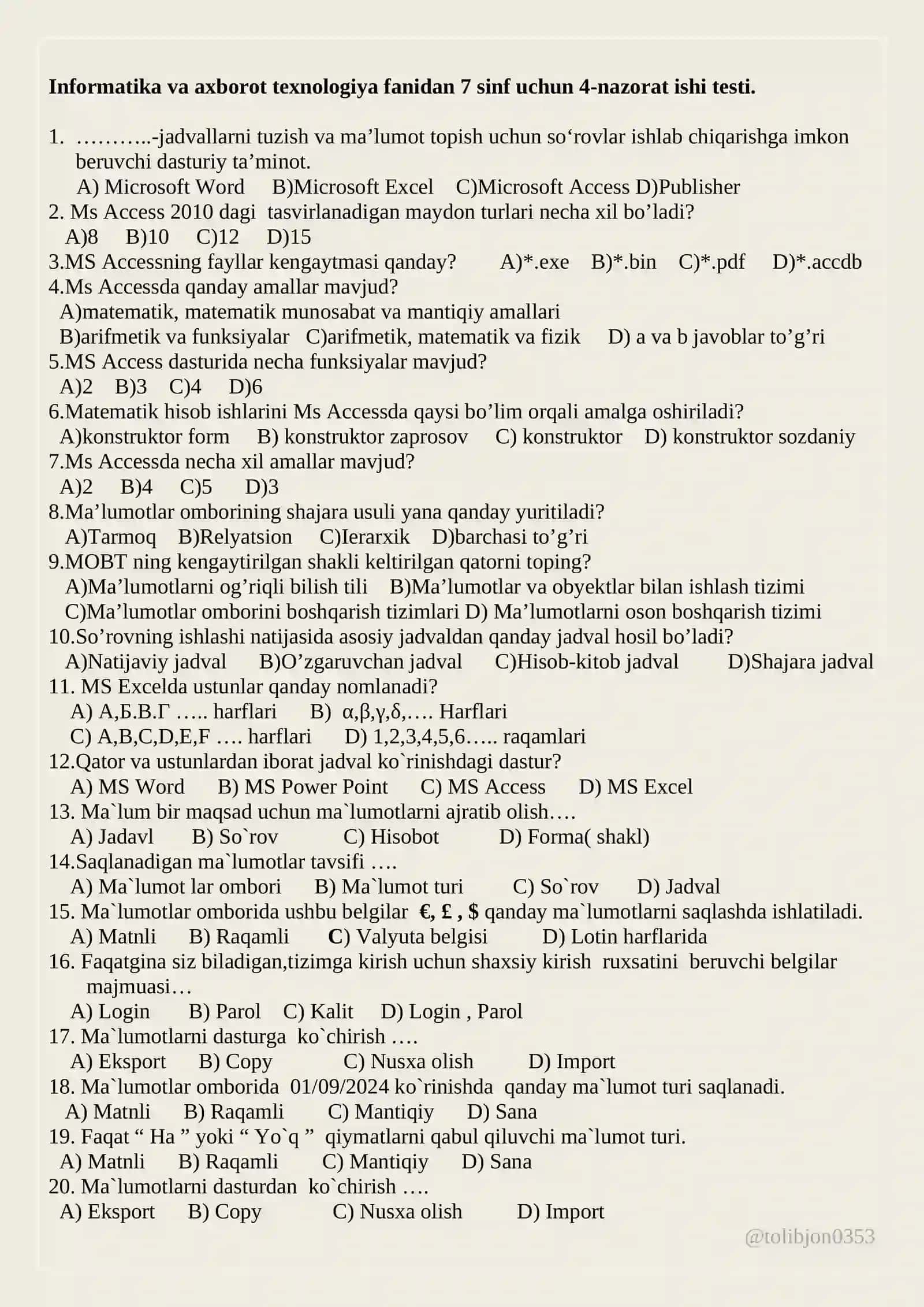 Informatika va axborot texnologiya fanidan 7 sinf uchun 4-nazorat ishi testi 2