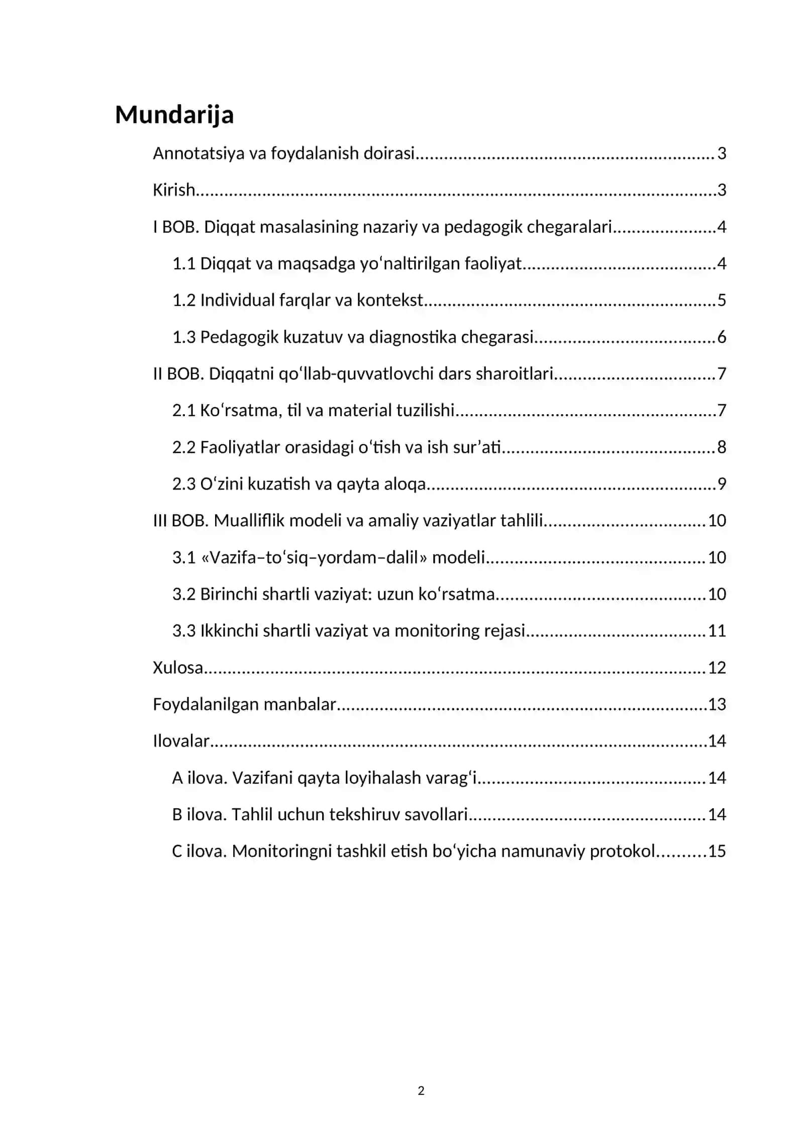 Diqqatni rivojlantiruvchi ta’lim sharoitlarini loyihalash — kurs ishi namunasi 2