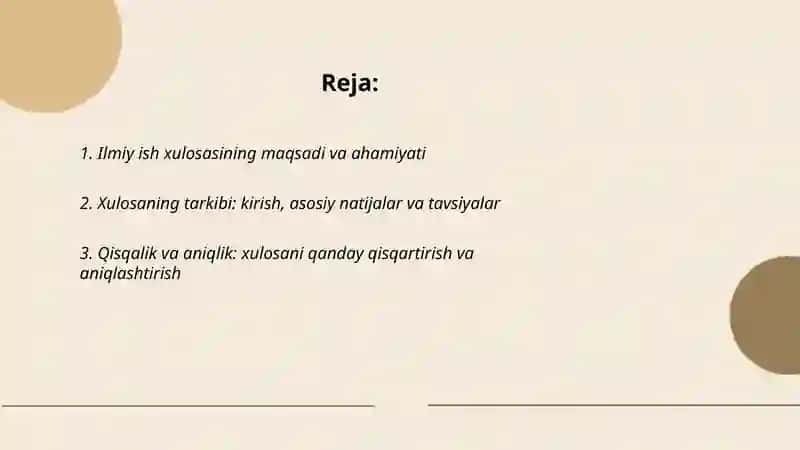 Ilmiy ish xulosasini tayyorlash qoidalari va himoyaga tayyorlash xususiyati 2